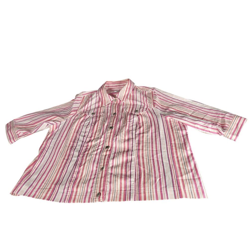CJ Banks Women Striped Button Up Shirt 3/4 Sleeve 3X Cotton Polyester Pink White